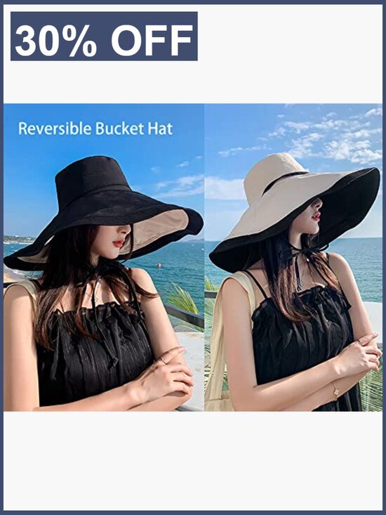 Packable Wide Brim Sun Hat with Chin Strap, UV Protection, Reversible